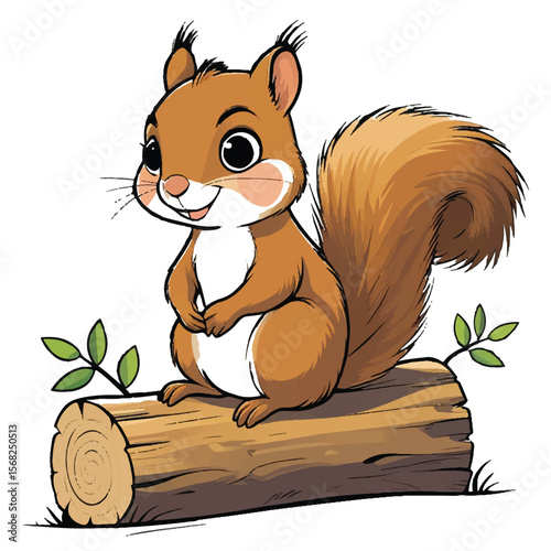 Vector art of a cute cartoon squirrel sitting on a log with leaves