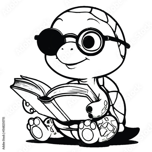 Vector art of a cartoon turtle with glasses is reading a book isolated on white background