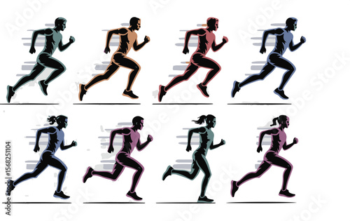 Vector art of collection of running figures in various colors isolated on white background