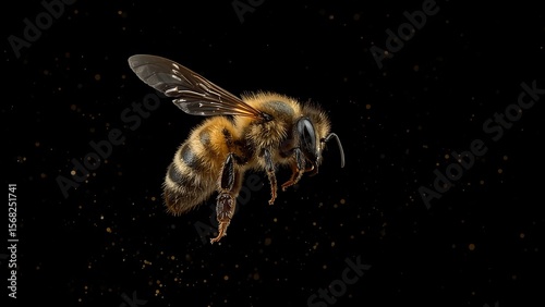 Dramatic Close-Up of Flying Bee with Glowing Particles on Dark Background