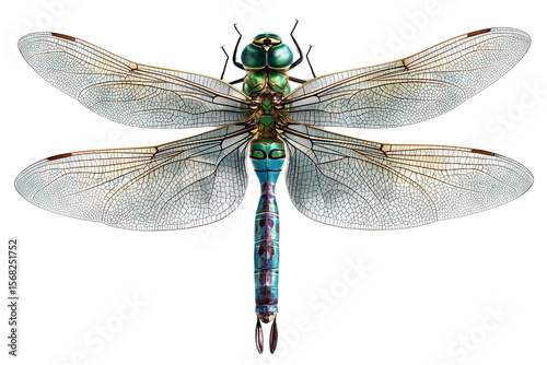 Detailed dragonfly illustration with intricate wing veins on a black background, dragonfly, insect, illustration, wings, veins, intricate, detailed, macro, closeup, blue, green, iridescent, shimmering