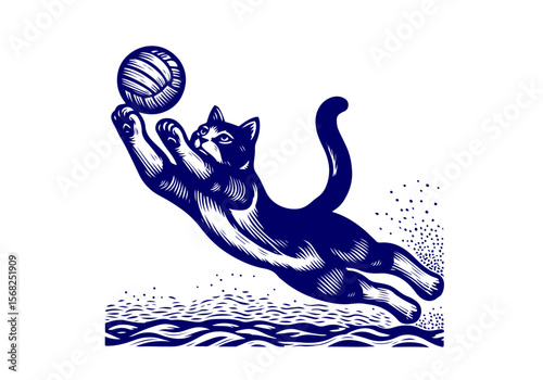 Cat Dog Playing Volleyball Hand Drawn Natural Illustration Stylized as Linocut Vector Isolated by AZ for Books, Arts, Design and Decoration Graphic Asset