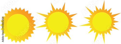 vector design of round sun shapes, spiked crowns, sunburst. Rising sun, sunset, dawn illustrations bundle. Orange red yellow gradient color circles, fire flaming frames. Maslenitsa background set 