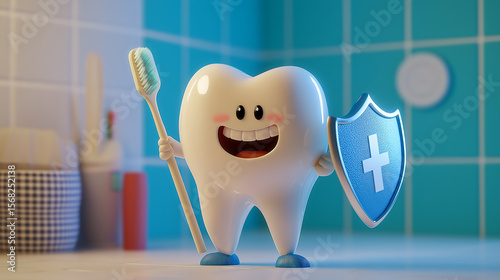 Superhero tooth character protects dental health while preparing to battle against decay and evil germs