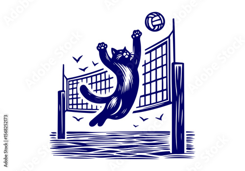 Cat Dog Playing Volleyball Hand Drawn Natural Illustration Stylized as Linocut Vector Isolated by AZ for Books, Arts, Design and Decoration Graphic Asset