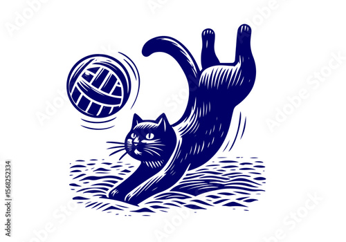 Cat Dog Playing Volleyball Hand Drawn Natural Illustration Stylized as Linocut Vector Isolated by AZ for Books, Arts, Design and Decoration Graphic Asset