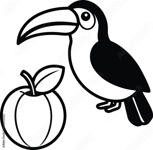 Adorable Toucan with Fruit Line Art Illustration