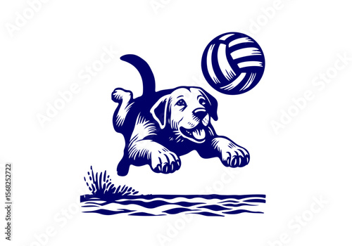 Cat Dog Playing Volleyball Hand Drawn Natural Illustration Stylized as Linocut Vector Isolated by AZ for Books, Arts, Design and Decoration Graphic Asset