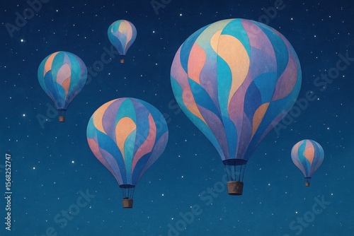 Whimsical dreamscape with colorful hot air balloons floating under a calm starry sky