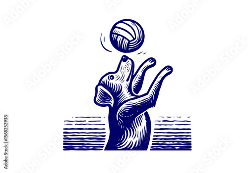 Cat Dog Playing Volleyball Hand Drawn Natural Illustration Stylized as Linocut Vector Isolated by AZ for Books, Arts, Design and Decoration Graphic Asset