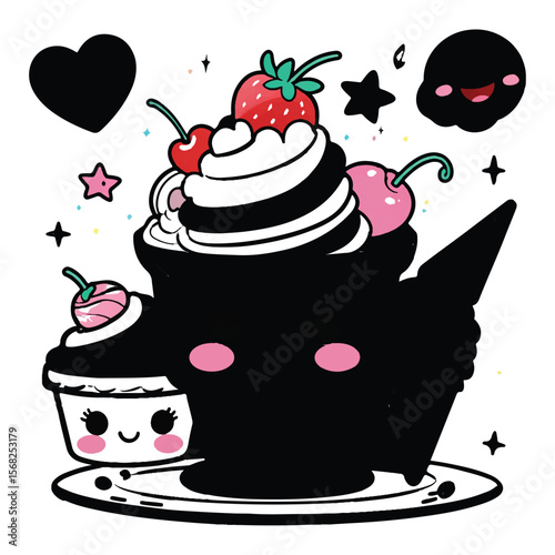 Vector art of a selection of kawaii desserts with happy faces isolated on white background