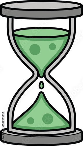Cartoon hourglass with green sand slowly trickling down to bottom vector illustration