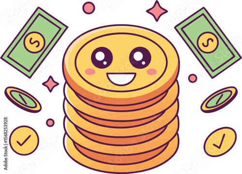 Cartoonish illustration of a cute stack of coins with cash vector illustration