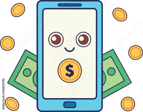 Mobile money cartoon character with coins and cash around vector illustration