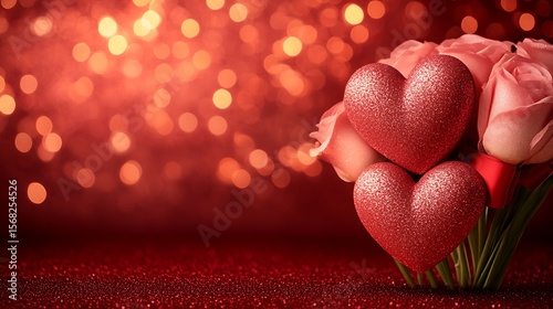 Sparkling red hearts among pink roses.