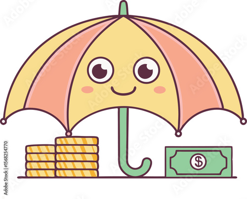 Cartoon umbrella protecting stacks of coins and dollar money bill vector illustration
