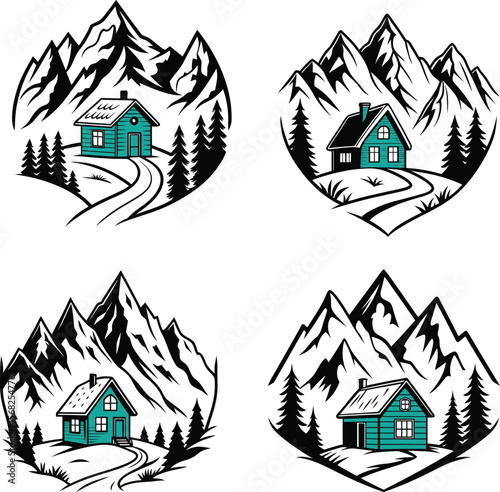 house icon set A house stands against a backdrop of majestic mountains, Create a sleek and modern logo for a mountain resort, minimalist logo