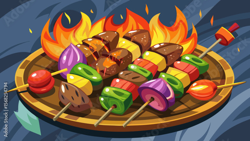 Char-grilled Steak Kabobs, pierced with colorful bell peppers and red onions, sizzle in deep umami tones, each piece cooked medium with a perfect sear.