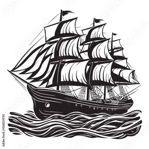 Vector art of a vintage sailing ship on the ocean isolated on white background