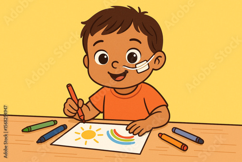 Vector illustration of young child with feeding tube drawing with colorful markers at bright table