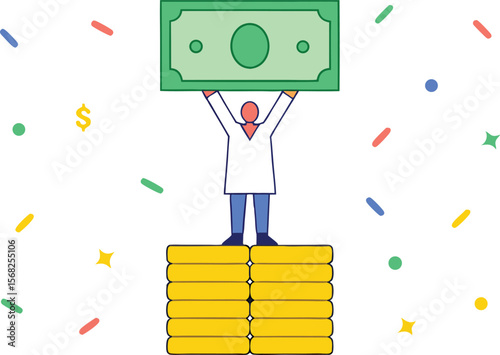 Person standing on money pile holding up a large dollar vector illustration