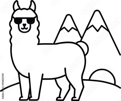 Cool Llama in Mountain Landscape Line Art Illustration
