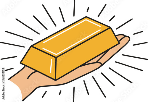 Hand holding a gold brick radiating success treasure wealth business vector illustration