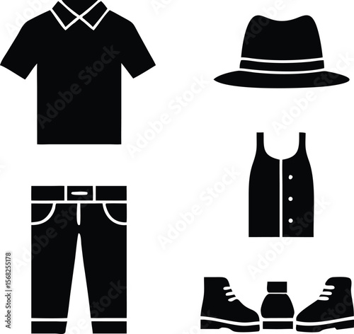 Black clothing icons shirt pants hat vest shoes t-shirt