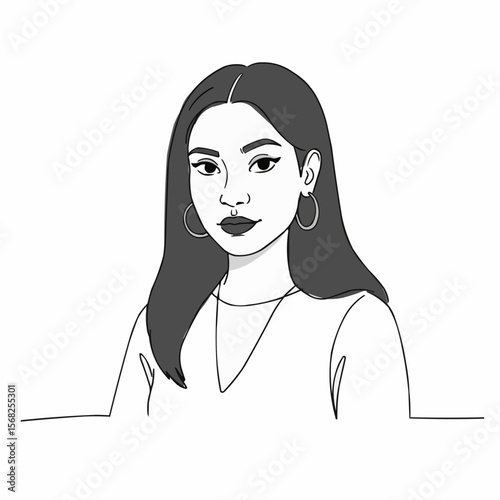 Young Latina woman with long hair and hoop earrings in illustration  