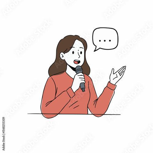 Confident woman speaking into a microphone with speech bubble  