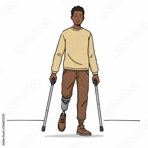 Black man walking with crutches and prosthetic leg in casual outfit  