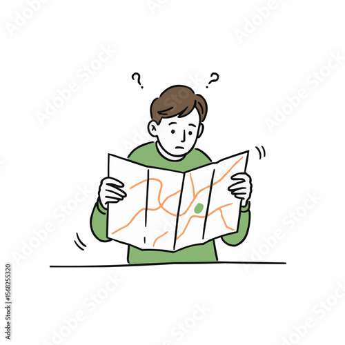 Young man looking confused while reading a map indoors  