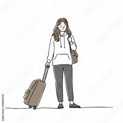Young woman standing with suitcase looking disappointed at airport  