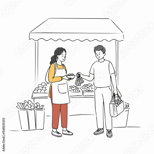 Woman selling vegetables to man at market stall in casual style  