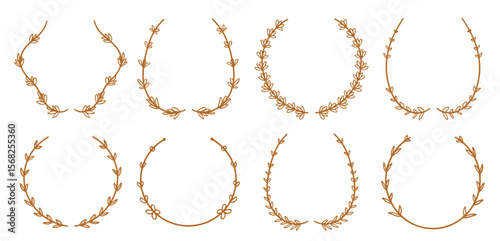 Lavender flowers and vines line circle laurel wreath collection in brown. Vector illustration.