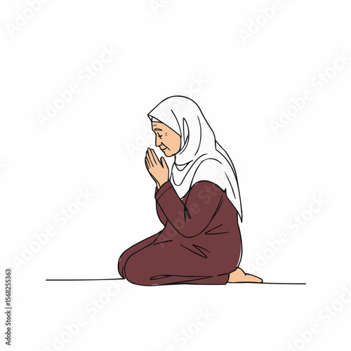 Elderly Muslim woman praying with hands clasped in a calm posture  