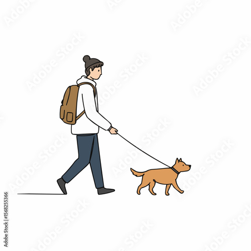 Young person walking a dog on white background  