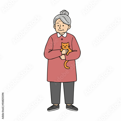 Elderly woman holding orange cat and smiling in casual outfit  