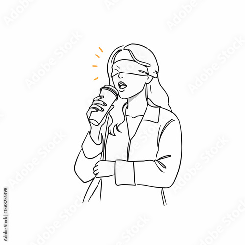 Woman with blindfold tasting beverage while smiling in a minimal style  