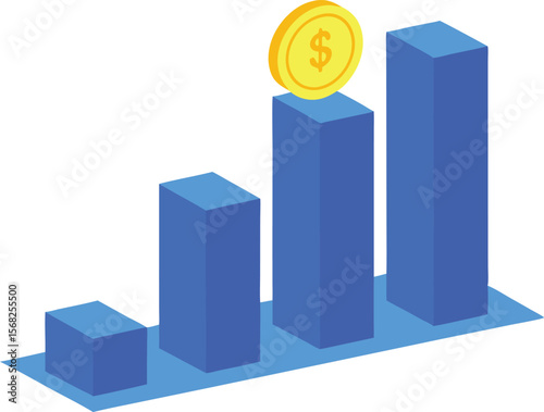 Isometric view of blue bar chart with gold coin investment vector illustration