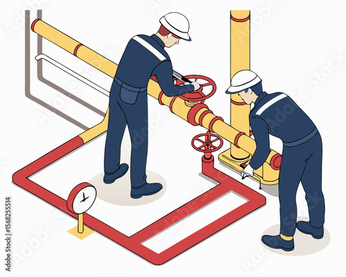 Technicians performing routine maintenance on gas compressor and pipeline units at pumping station isometric vector.