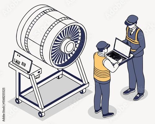 Aircraft engineer planning with mechanician to maintain turbine jet engine engineering technicians servicing airplane isometric illustration.