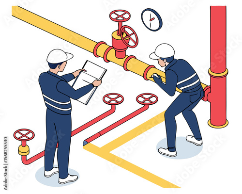 Pipeline monitoring team checking valve integrity and flow control in natural gas transport system isometric view.
