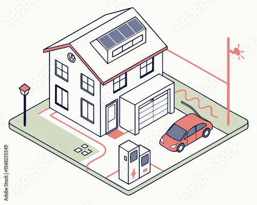 Smart home solar energy system with solar panels inverter and battery storage in isometric house diagram.