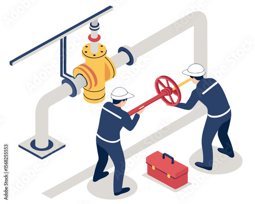 Valves and piping technicians engineering checking service maintenance appliances for gas pumping station gas industry and gas transport system isometric vector.