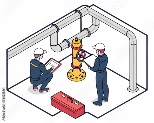 Gas engineers and technicians inspecting pipeline valves and control systems at gas distribution station isometric vector.