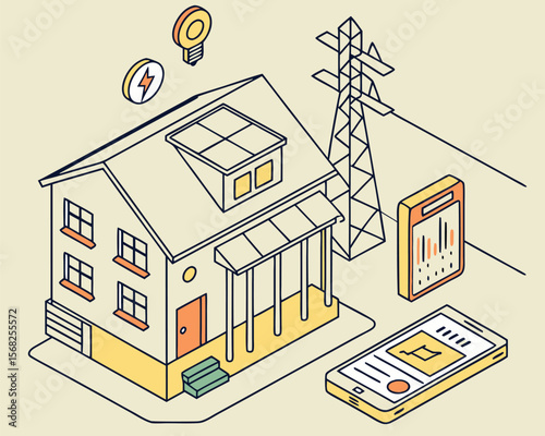 Solar cell hybrid component system for smart home solar panel inverter and battery in house diagram isometric illustration.