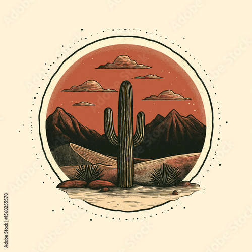 Boho-style badge logo featuring desert sunset with mountains and cactus in warm colors