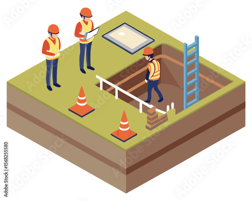Eco-construction team setting up aerobic septic unit for sustainable home sanitation isometric illustration.