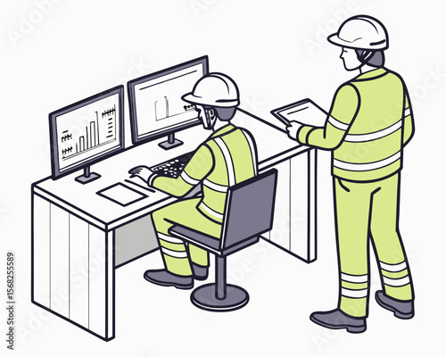 Factory worker adjusting robotic arm controlled by PLC system in automated assembly line isometric illustration.
